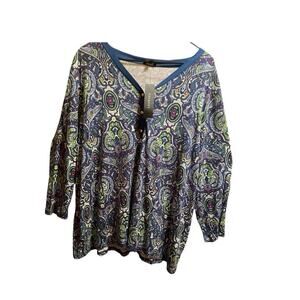 3XP TALBOTS  NEW Petite Plus Paisley Blue Green Knit Top V-Neck Button Tunic NWT